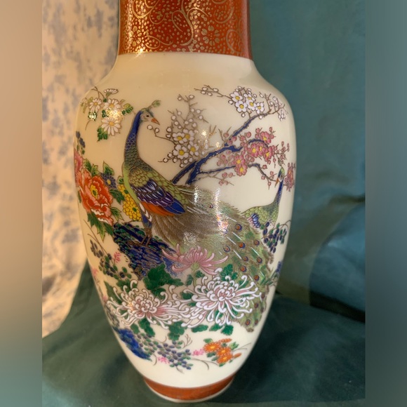 VTG Japan Satsuma Porcelain Vase ft Peacock & Cherry Blossoms 10" - Picture 11 of 11